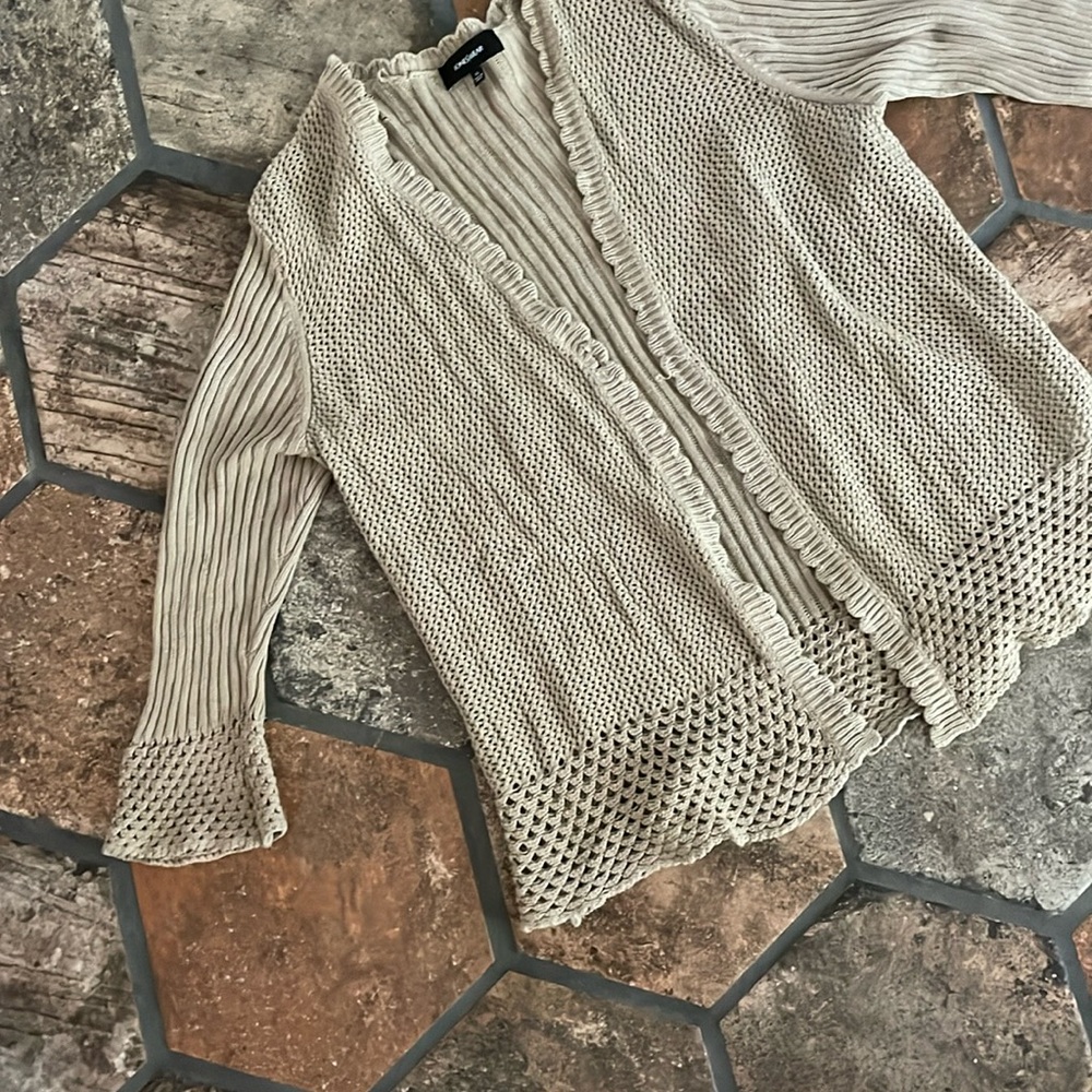 Cotton knit scalloped edge cardigan sweater taupe oatmeal textured cardigan READ - Picture 1 of 9